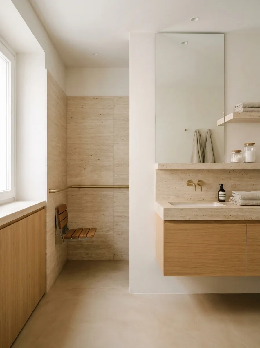 Baño con ducha a ras de suelo, barra de latón y asiento abatible de teca