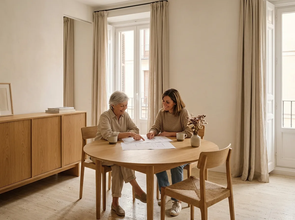 Madre e hija sentadas a la mesa del comedor mirando juntas unos dibujos