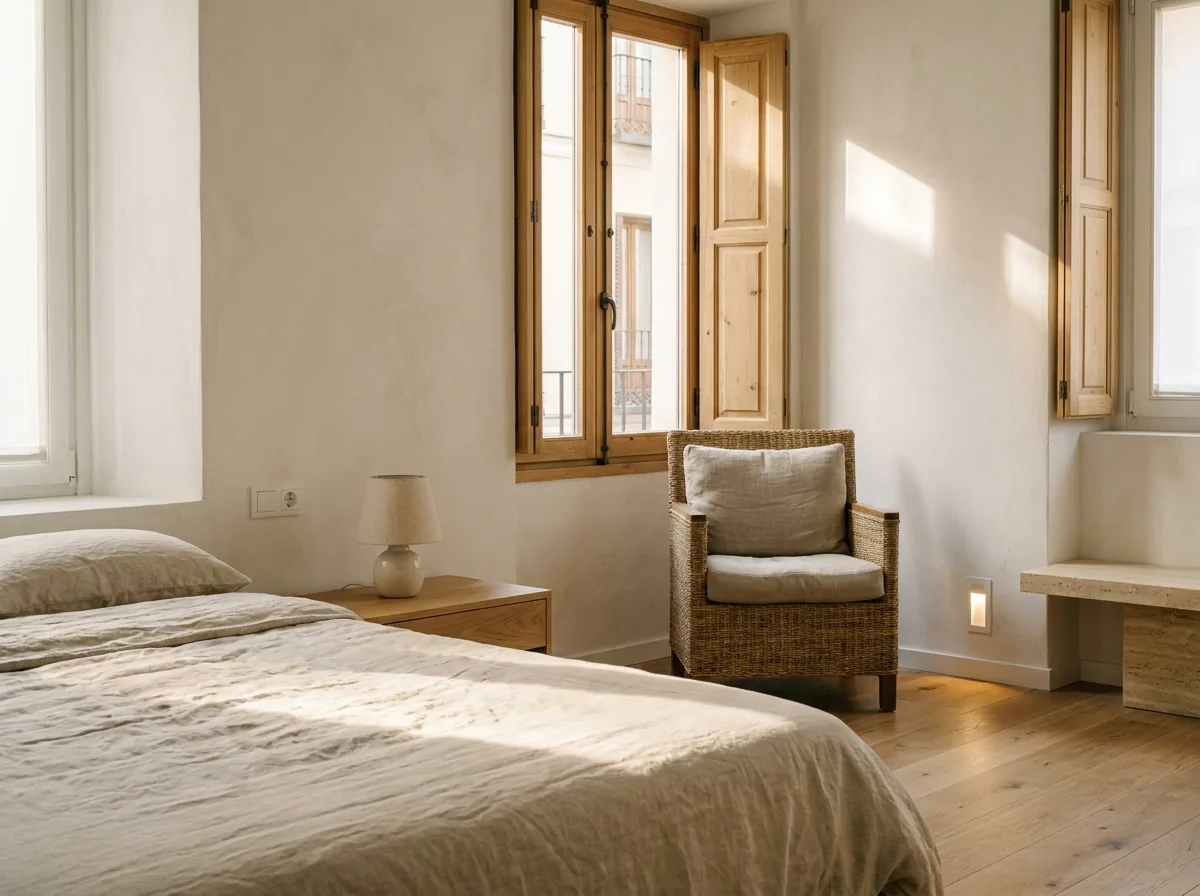 Dormitorio sereno con cama de lino a altura cómoda, sillón con brazos y luz de noche junto a la cama
