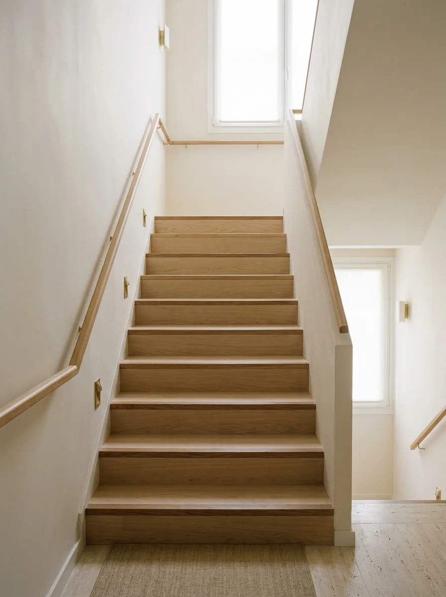 Escalera de roble con pasamanos continuo a ambos lados