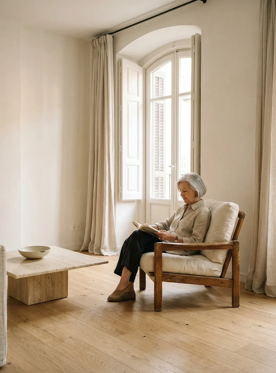 Mujer mayor leyendo en un sillón con brazos junto a una ventana alta