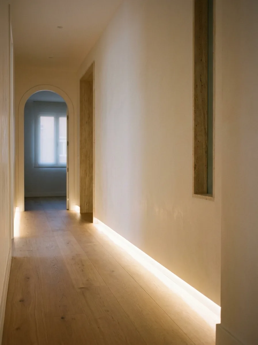 Pasillo de noche con una línea de luz cálida a ras de suelo