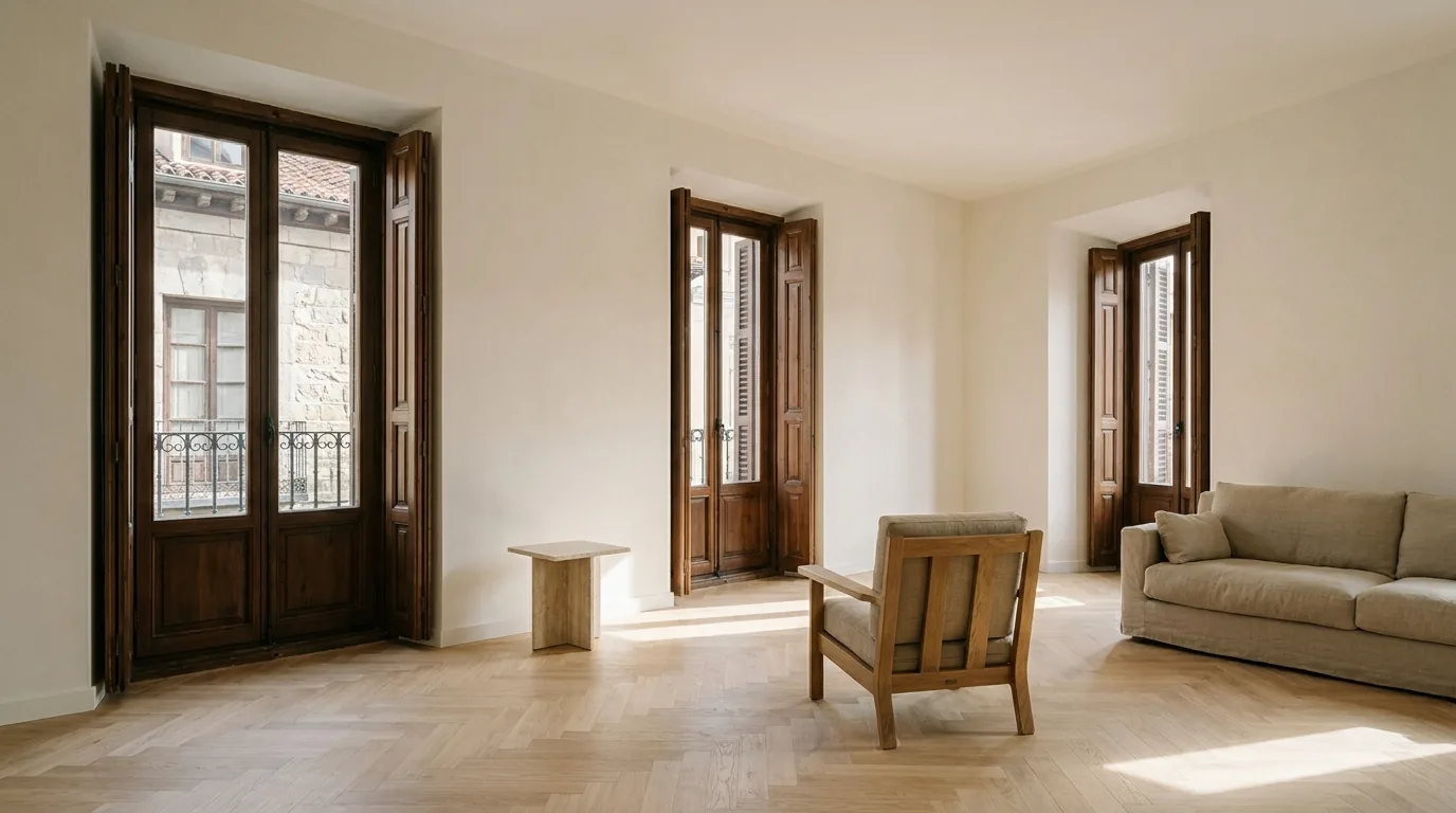 Salón vacío de un piso clásico de Madrid con balcones de madera, suelo de roble en espiga continuo y sol de media mañana